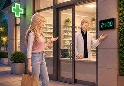 ¿La farmacia está ~?のイラスト