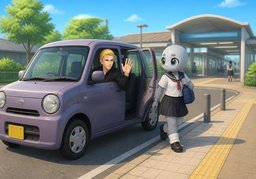 I give ~ a ride to ~.のイラスト