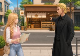 ~ is just across the street.のイラスト