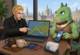 ~ travel around ~ visiting ~.のイラスト